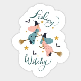 "Feeling Witchy" - Hand lettered // Pink and Blue haired witches (Halloween design) Sticker